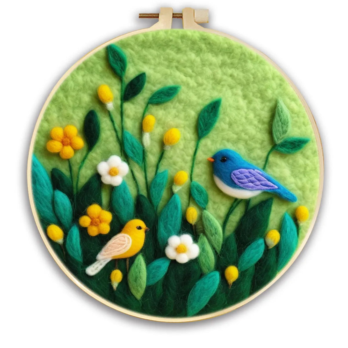 Round fabric embroidery kit with 20x20cm linen frame and wool felt for three-dimensional floral artwork