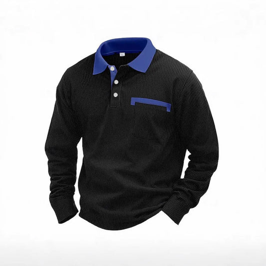 Men's long-sleeved waffle texture polo shirt with asymmetric design in loose fit