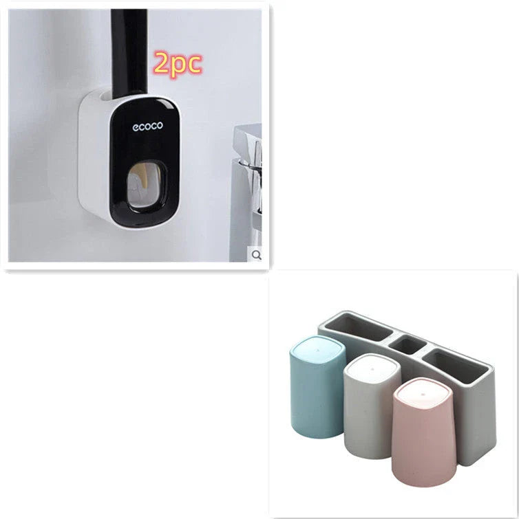 Wall-mounted automatic toothpaste dispenser with toothbrush holder and storage organizer, available in black and grey colors