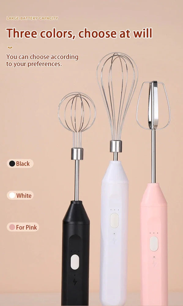 Black hand-held electric whisk with stainless steel beaters and digital speed display