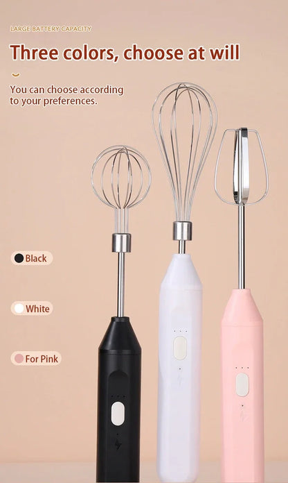 Black hand-held electric whisk with stainless steel beaters and digital speed display