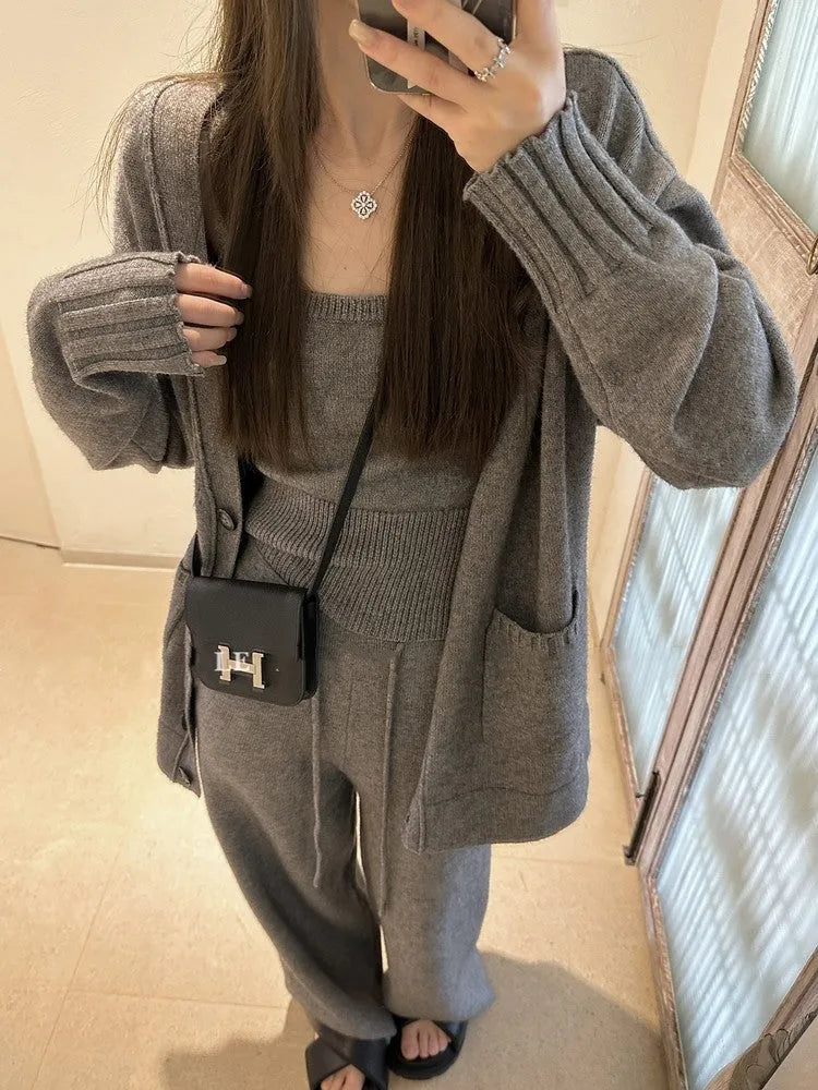 Women's knit cardigan suspender pants three-piece set in light brown wool blend fabric with seamless design