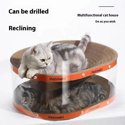 Transparent white diamond cat scratch board nest tunnel toy with PVC and corrugated board, dimensions 58x45x23cm