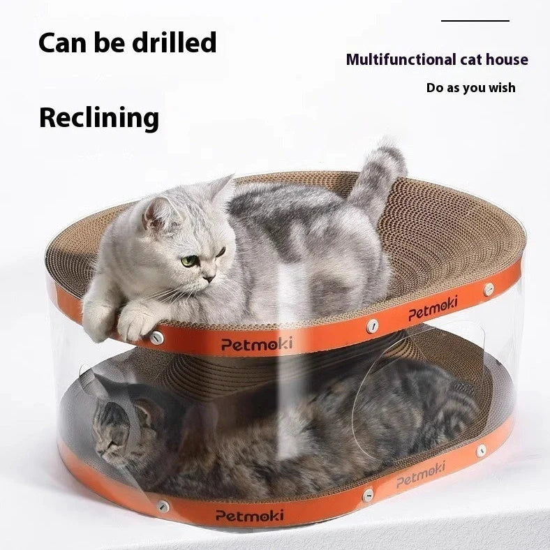 White transparent cat scratch board nest tunnel toy with diamond pattern measuring 58x45x23cm