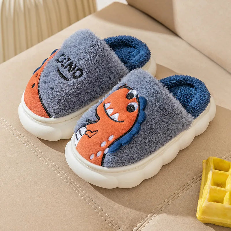 Cotton plush slippers with dinosaur themes in grey, coffee, and orange, showing thickened sole and couple set design