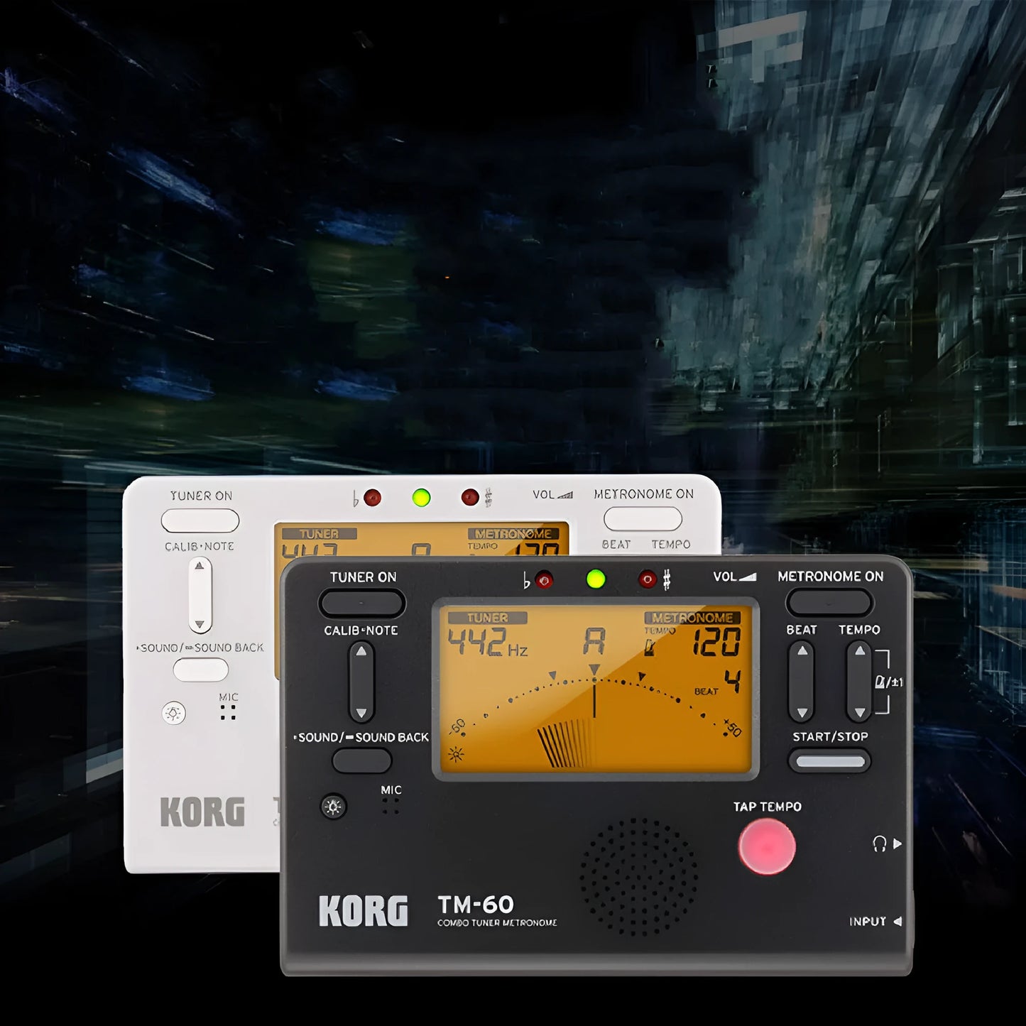 Universal tuning metronome with plastic shell showing tempo controls and display