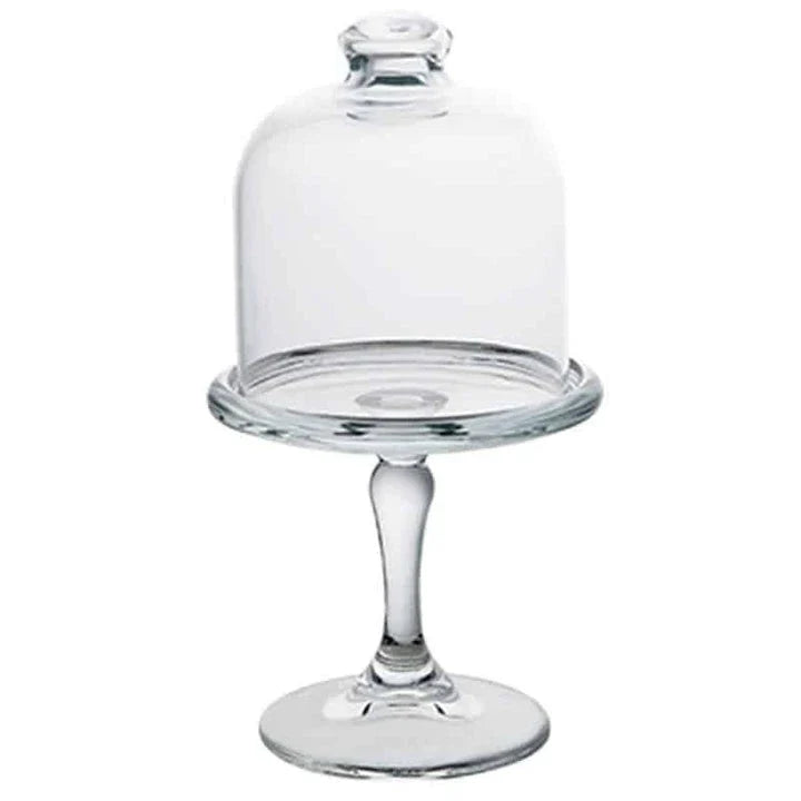 Transparent glass cake tray with lid, perfect for displaying and storing homemade baked goods