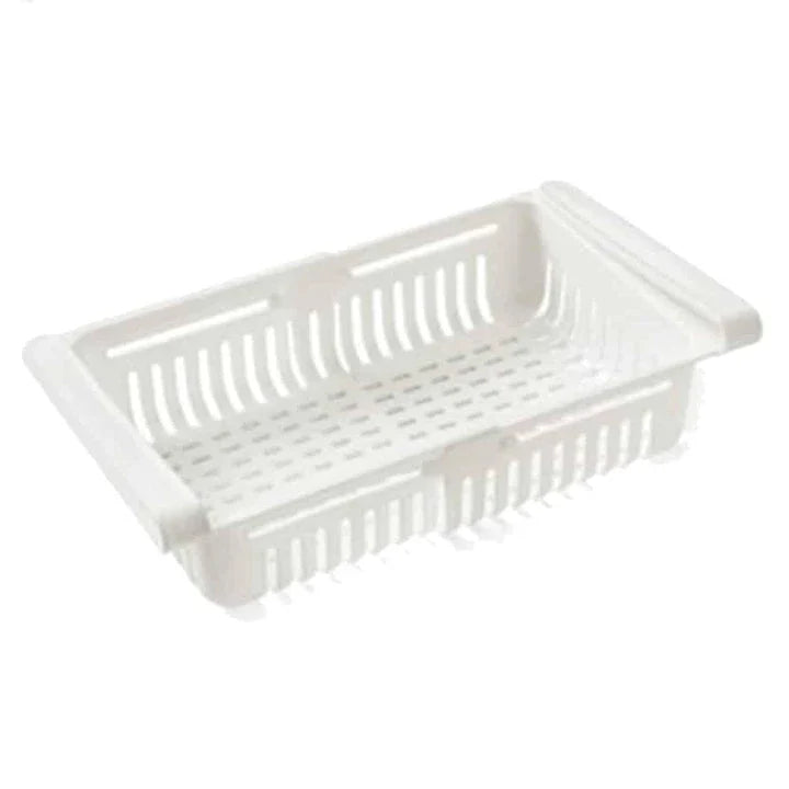 A sturdy, versatile fridge organizer basket with a sleek white design to help you maximize storage and reduce clutter in your refrigerator.
