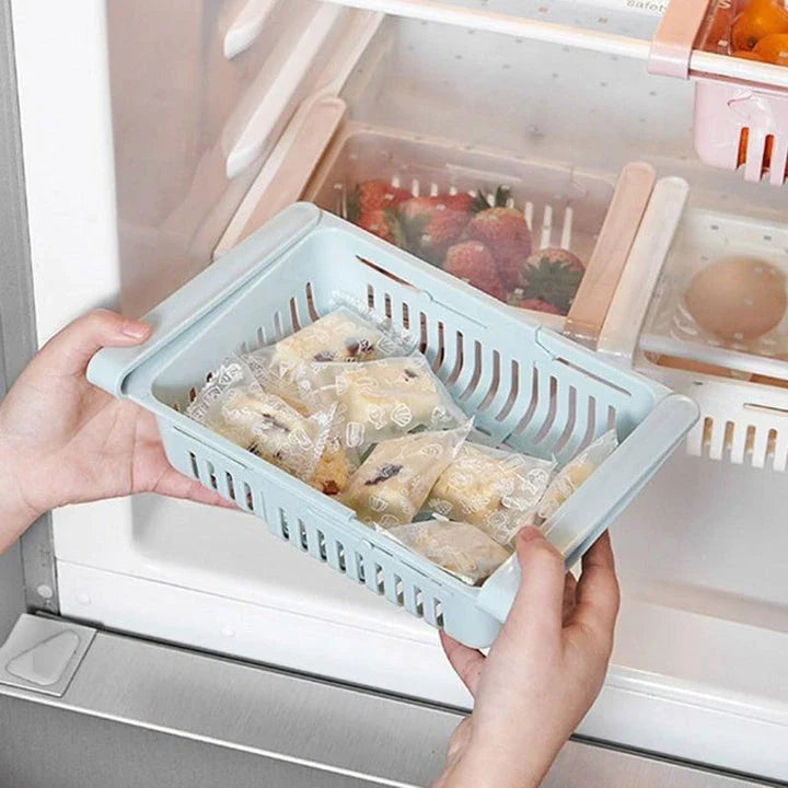 A sturdy, versatile fridge organizer basket with a sleek white design to help you maximize storage and reduce clutter in your refrigerator.