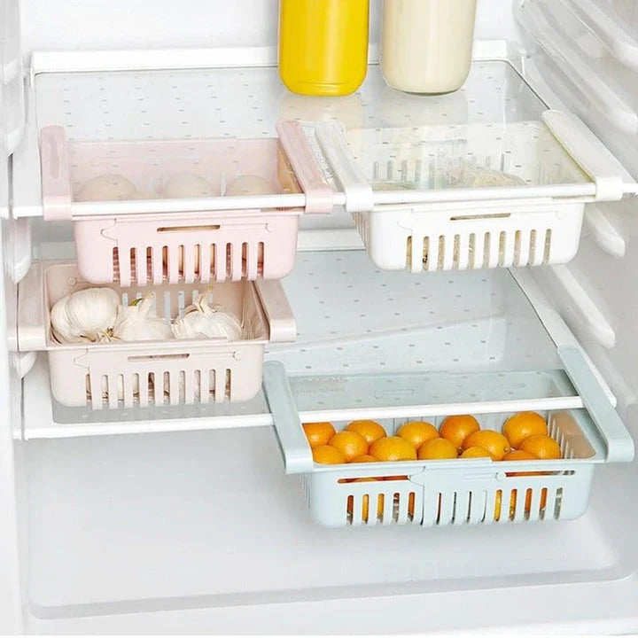 A sturdy, versatile fridge organizer basket with a sleek white design to help you maximize storage and reduce clutter in your refrigerator.