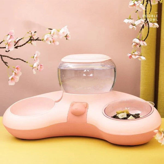 Automatic Drinking Water And Feeding Double Bowl with crescent-shaped design, made of durable polypropylene and ABS materials for pet mealtime convenience.