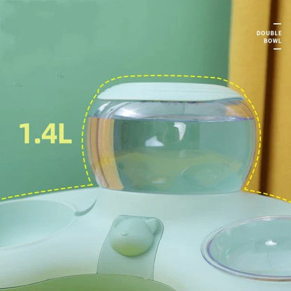 Automatic Drinking Water And Feeding Double Bowl with crescent-shaped design, made of durable polypropylene and ABS materials for pet mealtime convenience.