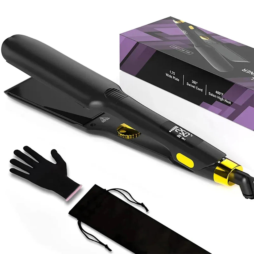 A high-performance ceramic and titanium hair straightener with adjustable temperature settings, advanced heating technology, and sleek design for salon-worthy styles at home.