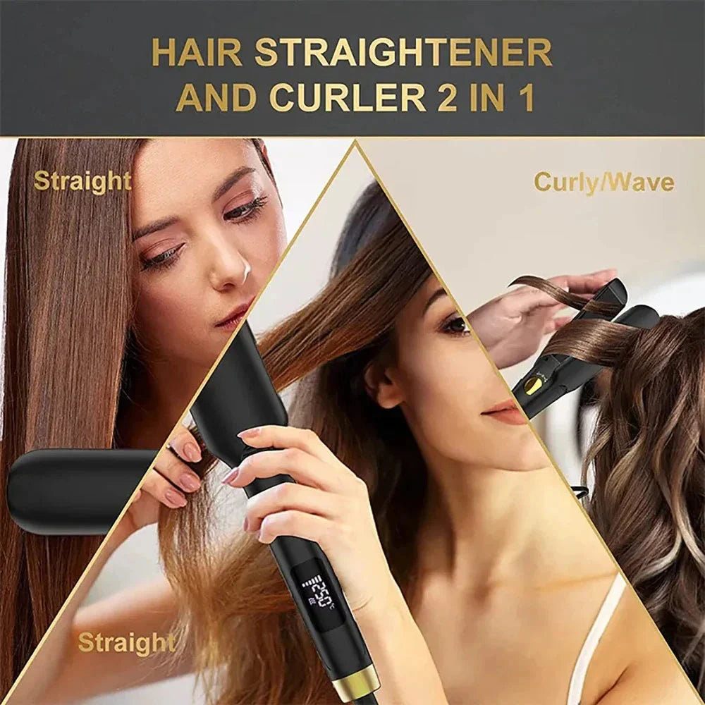 A high-performance ceramic and titanium hair straightener with adjustable temperature settings, advanced heating technology, and sleek design for salon-worthy styles at home.