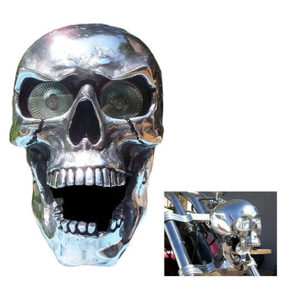 A spooky and stylish LED motorcycle headlight in the shape of a resin skull, perfect for Halloween or adding a unique touch to your daily ride.