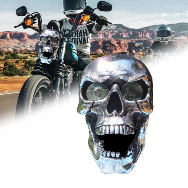 A spooky and stylish LED motorcycle headlight in the shape of a resin skull, perfect for Halloween or adding a unique touch to your daily ride.