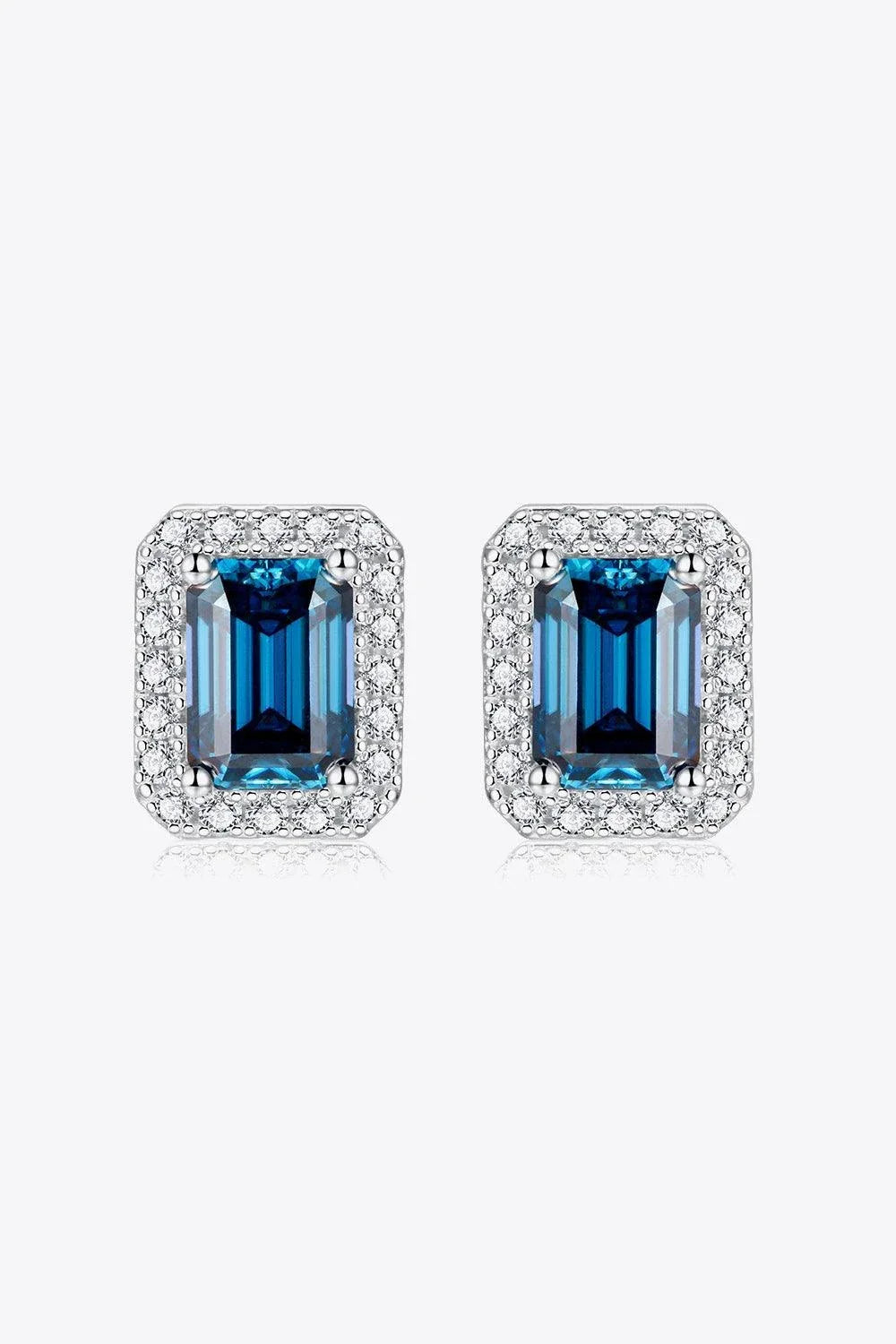 Pair of 2 Carat Moissanite Stud Earrings in a captivating Indigo color, crafted with 925 sterling silver and platinum plating for exceptional shine and durability.