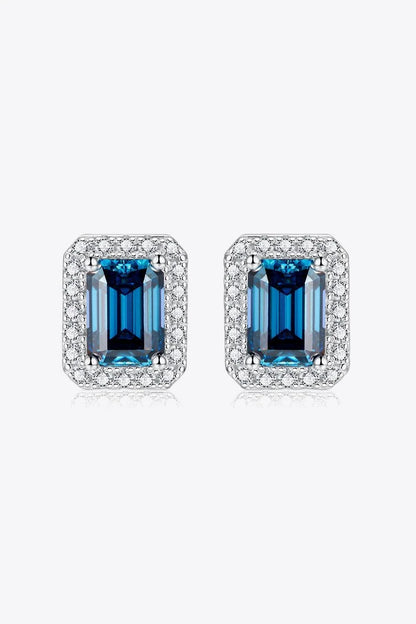 Pair of 2 Carat Moissanite Stud Earrings in a captivating Indigo color, crafted with 925 sterling silver and platinum plating for exceptional shine and durability.