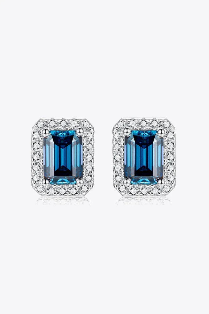 Pair of 2 Carat Moissanite Stud Earrings in a captivating Indigo color, crafted with 925 sterling silver and platinum plating for exceptional shine and durability.