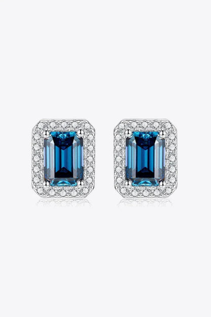 Pair of 2 Carat Moissanite Stud Earrings in a captivating Indigo color, crafted with 925 sterling silver and platinum plating for exceptional shine and durability.