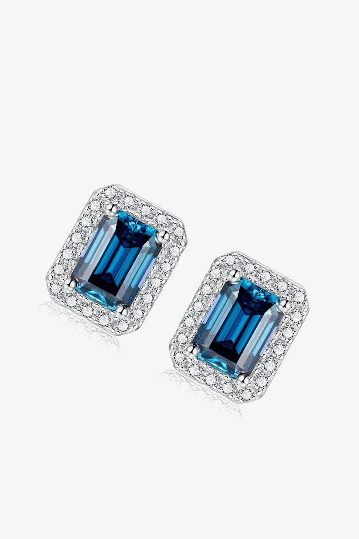 Pair of 2 Carat Moissanite Stud Earrings in a captivating Indigo color, crafted with 925 sterling silver and platinum plating for exceptional shine and durability.