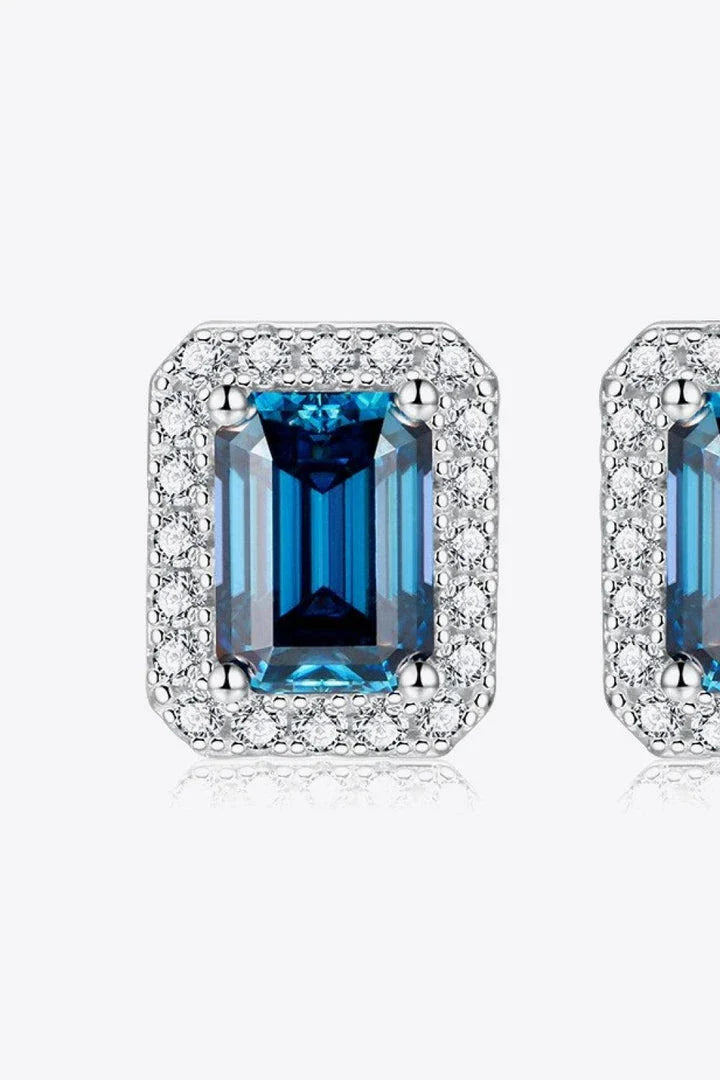 Pair of 2 Carat Moissanite Stud Earrings in a captivating Indigo color, crafted with 925 sterling silver and platinum plating for exceptional shine and durability.