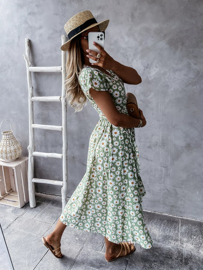 Fashionable and slimming women's dress with v-neck and elastic waist design