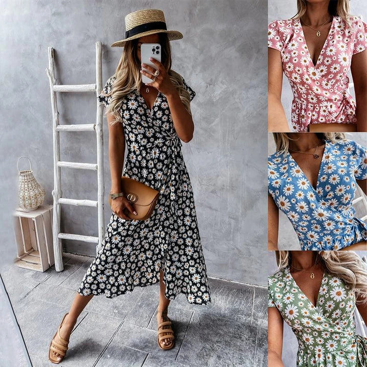 Fashionable and slimming women's dress with v-neck and elastic waist design