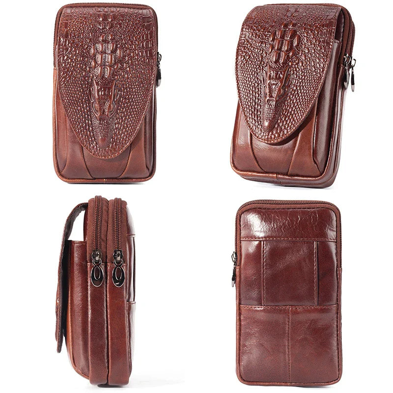 Premium cowhide leather men's mobile phone pocket with vertical design and multiple compartments