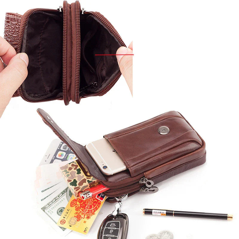 Premium cowhide leather men's mobile phone pocket with vertical design and multiple compartments
