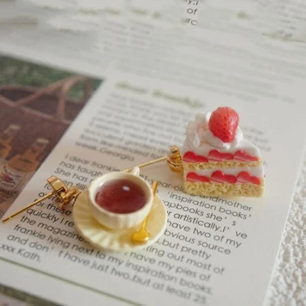 Black Tea With Strawberry Triangle Cake Handmade Miniature Food Play Earrings - A Stylish and Whimsical Accessory
