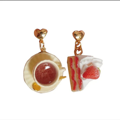 Black Tea With Strawberry Triangle Cake Handmade Miniature Food Play Earrings - A Stylish and Whimsical Accessory