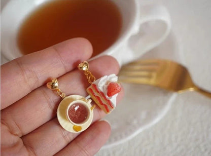 Black Tea With Strawberry Triangle Cake Handmade Miniature Food Play Earrings - A Stylish and Whimsical Accessory