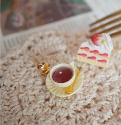 Black Tea With Strawberry Triangle Cake Handmade Miniature Food Play Earrings - A Stylish and Whimsical Accessory