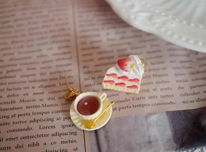 Black Tea With Strawberry Triangle Cake Handmade Miniature Food Play Earrings - A Stylish and Whimsical Accessory
