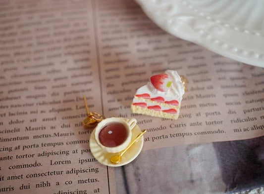 Black Tea With Strawberry Triangle Cake Handmade Miniature Food Play Earrings - A Stylish and Whimsical Accessory