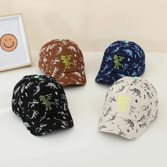 Adjustable kids' baseball cap with vibrant dinosaur prints, designed for comfort and sun protection during outdoor activities.