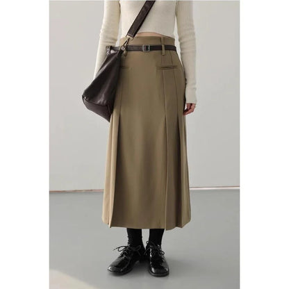 Elegant high-waisted pleated A-line skirt in a neutral color, perfect for office or formal wear