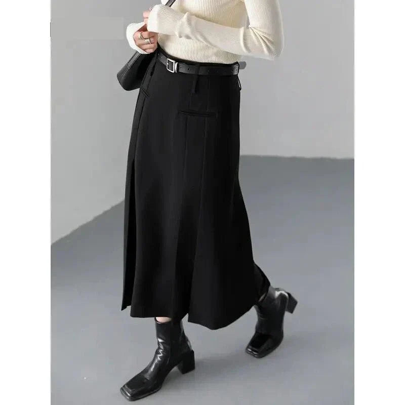 Elegant high-waisted pleated A-line skirt in a neutral color, perfect for office or formal wear