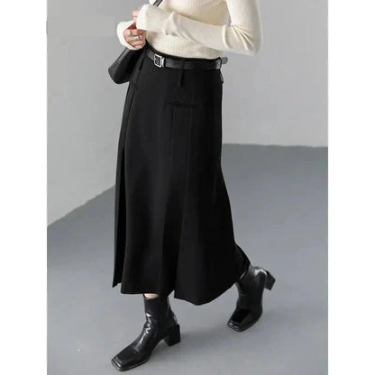 Elegant high-waisted pleated A-line skirt in a neutral color, perfect for office or formal wear
