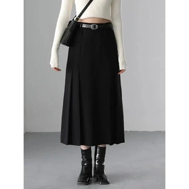 Elegant high-waisted pleated A-line skirt in a neutral color, perfect for office or formal wear