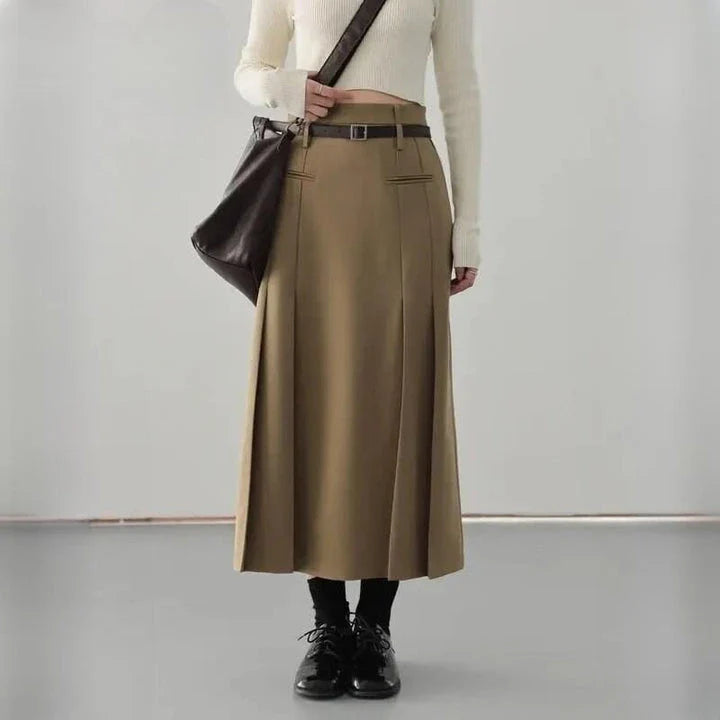 Elegant high-waisted pleated A-line skirt in a neutral color, perfect for office or formal wear