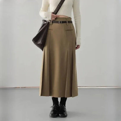 Elegant high-waisted pleated A-line skirt in a neutral color, perfect for office or formal wear