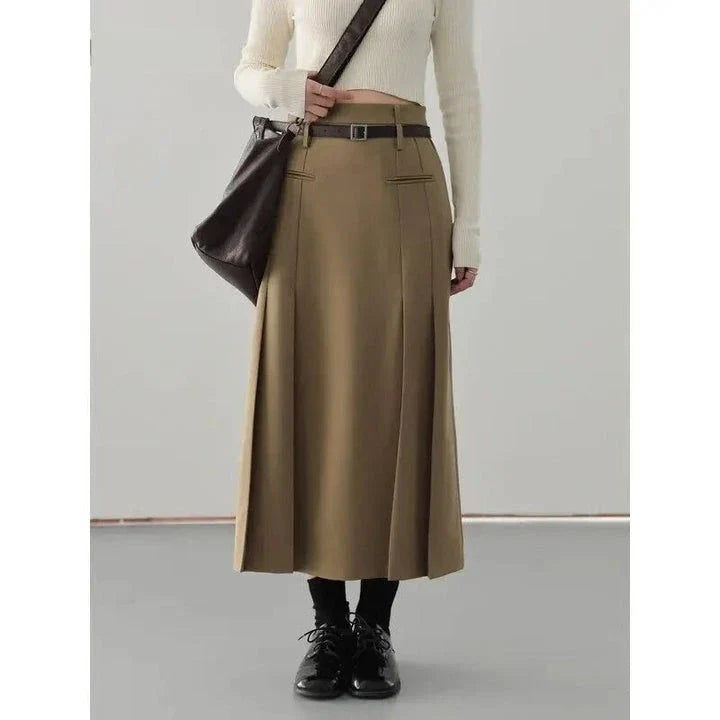 Elegant high-waisted pleated A-line skirt in a neutral color, perfect for office or formal wear