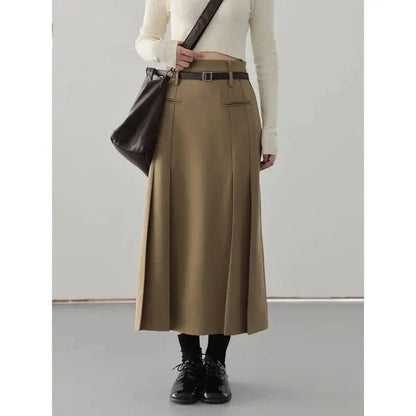 Elegant high-waisted pleated A-line skirt in a neutral color, perfect for office or formal wear