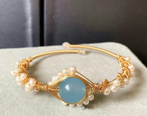 Hhomeenjoy 14K Gold Wrapped Hailan Baohai Sapphire Natural White Pearl Bracelet
