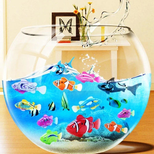 An electric robot fish swimming in a fish bowl, with realistic movements and random color patterns