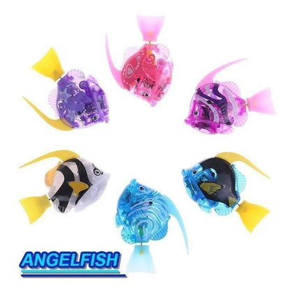 An electric robot fish swimming in a fish bowl, with realistic movements and random color patterns