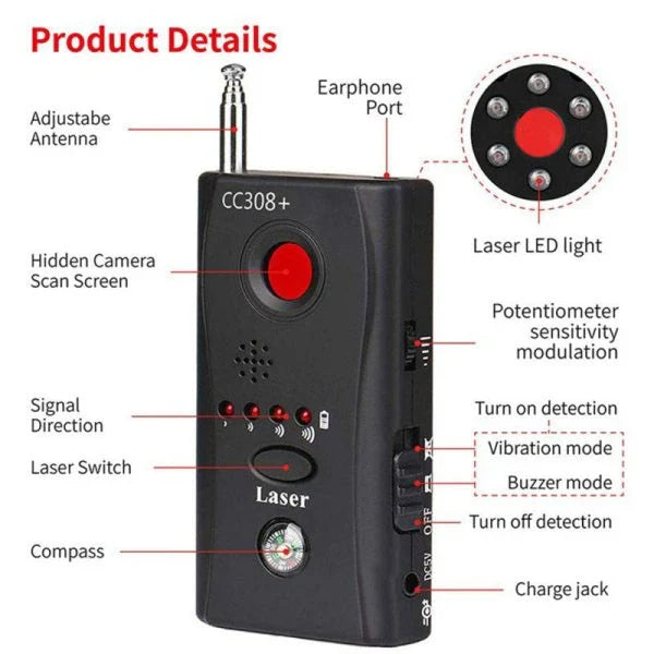Multi-function anti-spy detector with adjustable sensitivity, laser detection, and wireless signal scanning capabilities