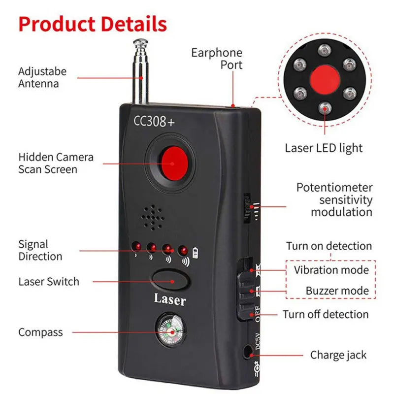 Multi-function anti-spy detector with adjustable sensitivity, laser detection, and wireless signal scanning capabilities